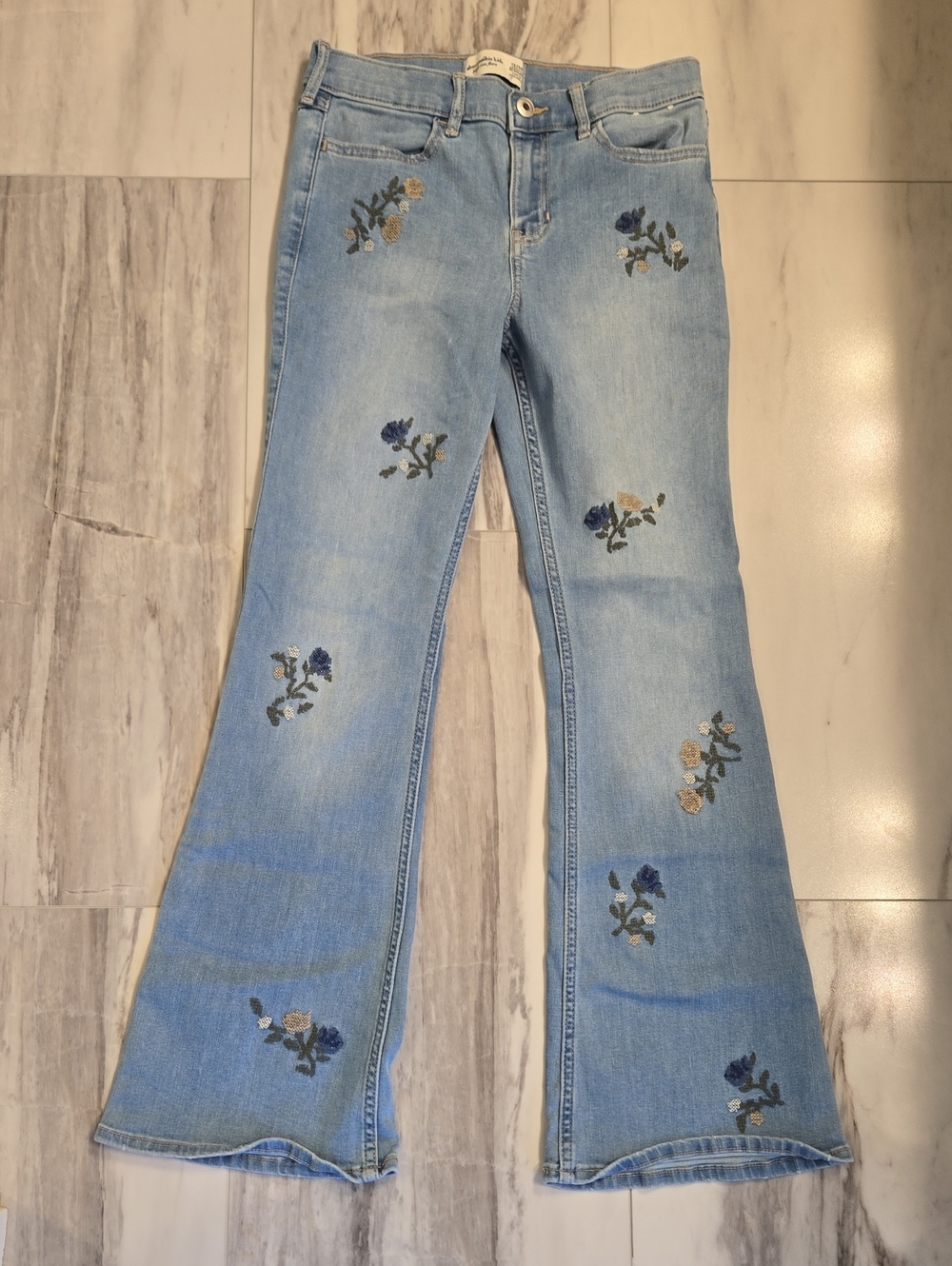 abercrombie kids Light Blue Floral Embroidered High Rise Flare Jeans